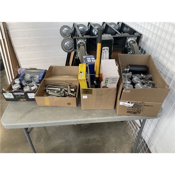 4 BOXES OF MISC ITEMS - NEW LED LIGHTS, STAINLESS DRAWER PULLS, TEA TINS, ETC