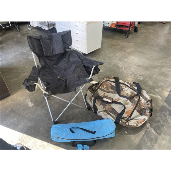 CAMO BAG FULL OF CAMPING INFLATABLES, HAMMOCKS, TENT AND CHAIR