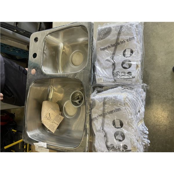 STAINLESS DOUBLE SINK AND 5 NEW MOP HEAD REPLACEMENTS