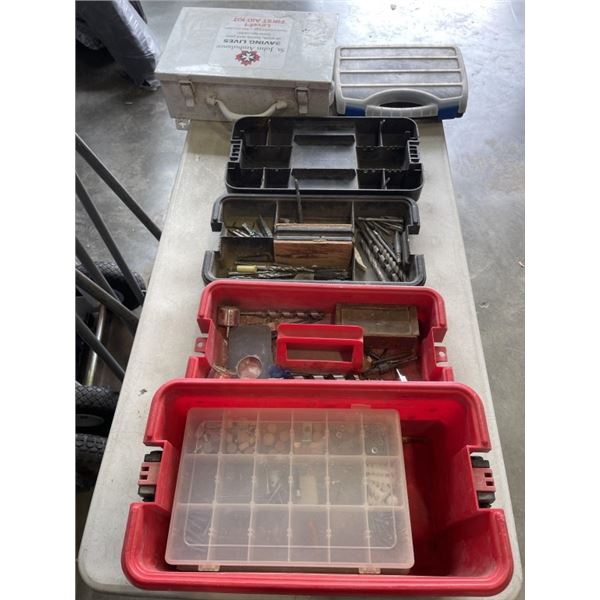 WATERLOO TOOL BOX WITH ASSORTED HAND TOOLS , ST JOHNS METAL FIRST AID KIT AND PLASTIC HARDWARE ORGAN