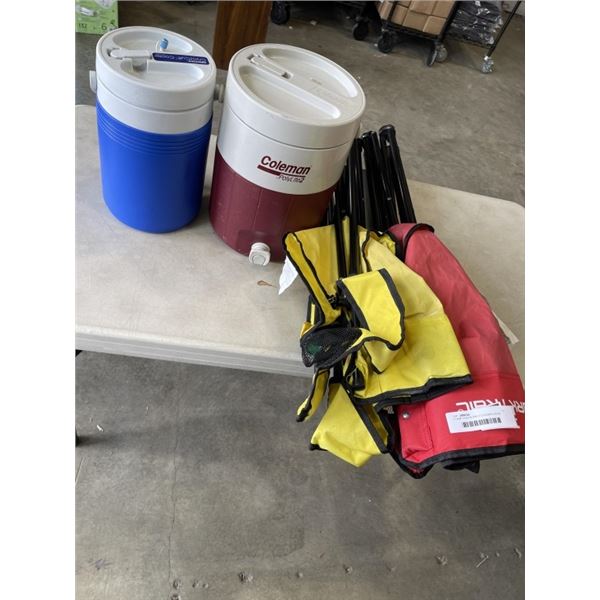 2 CAMP CHAIRS AND 2 COLEMAN DRINK COOLERS
