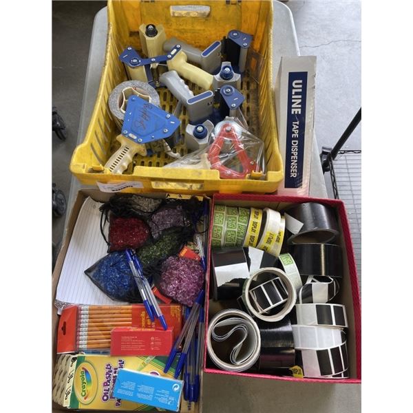 TRAY OF TAPE DISPENSERS, ROLLS OF TAPE, LABELS AND OFFICE SUPPLIES