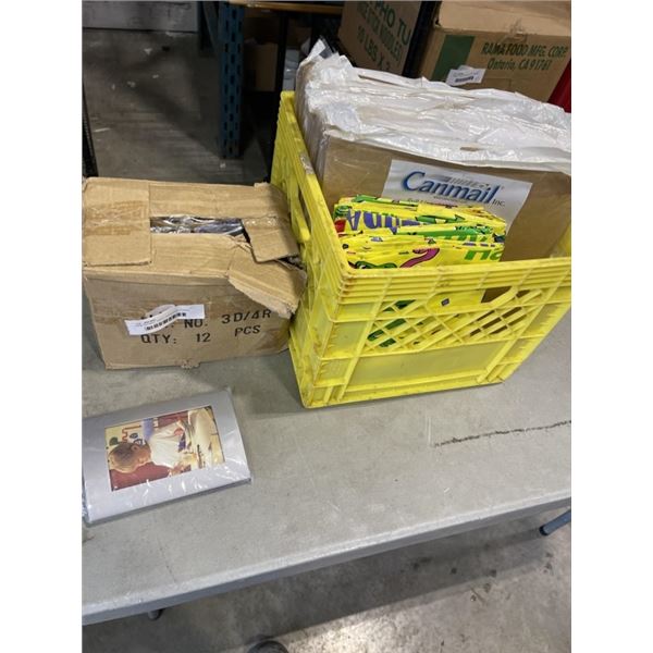 NEW CANMAIL CRAFT WRAPPING PAPER, PARTY ITEMS AND CASE OF NEW PICTURE FRAMES