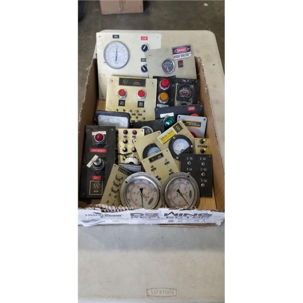 TRAY OF ASSORTED GUAGES, SWITCH PANELS ETC
