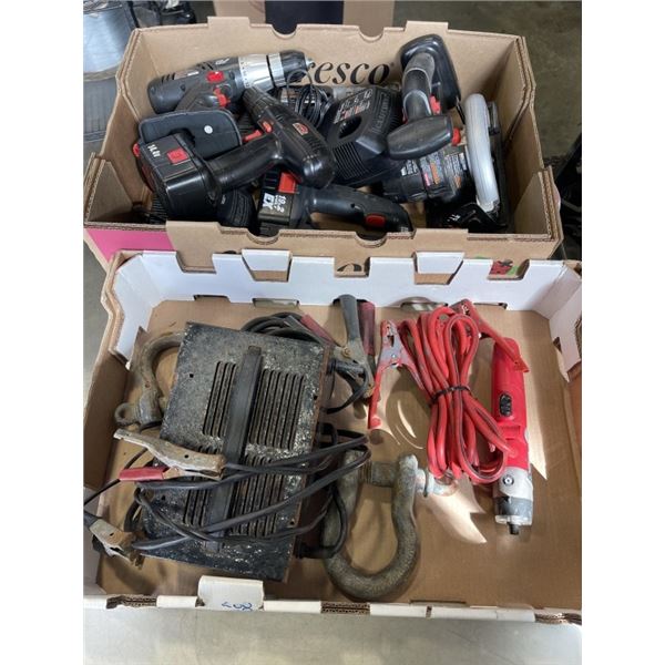 2 TRAYS OF TOOLS, JUMPER CABLES, COMMERCIAL HOOKS, ETC