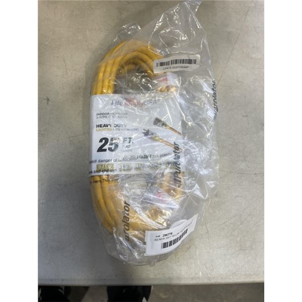 AS NEW 25FT YELLOW  INDOOR OUTDOOR HEAVY DUTY LIGHTED 3 WIRE GROUNDED EXTENSION CORD 14AWG