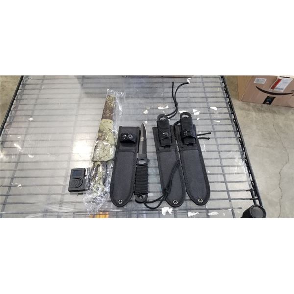 3 NEW THROWING KNIVES AND NEW CAMO KNIFE WITH SHEATH