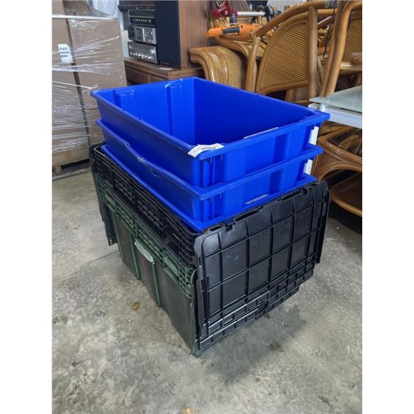 5 LARGE STORAGE BINS, 2 BLACK ONES HAVE BUILT IN LIDS,