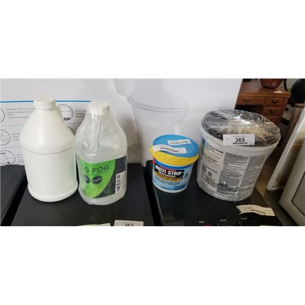 NEW PAIL OF FLOORING ADHESIVE, 2 JUGS OF HIGH DENSITY FOG LIQUID AND PAINT REMOVER