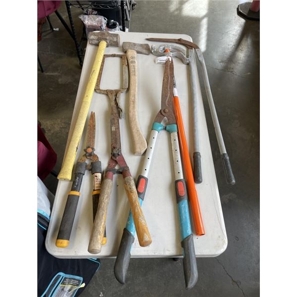 ASSORTED GARDENING TOOLS AND AS NEW KLEIN TOOLS PIPE BENDER
