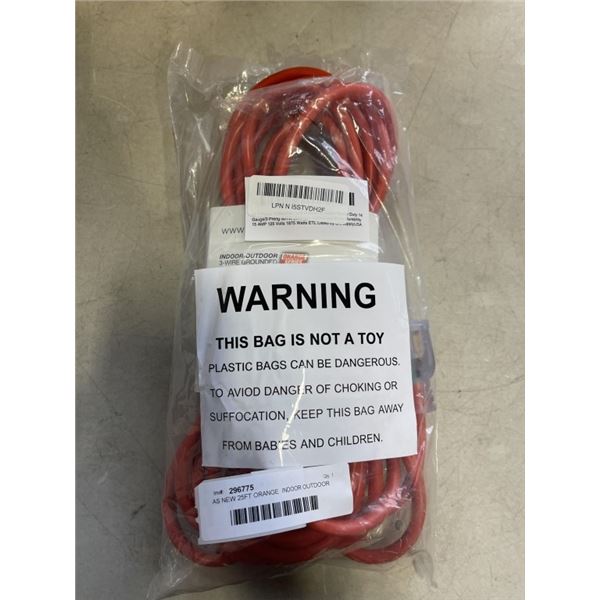 AS NEW 25FT ORANGE  INDOOR OUTDOOR HEAVY DUTY LIGHTED 3 WIRE GROUNDED EXTENSION CORD 14AWG