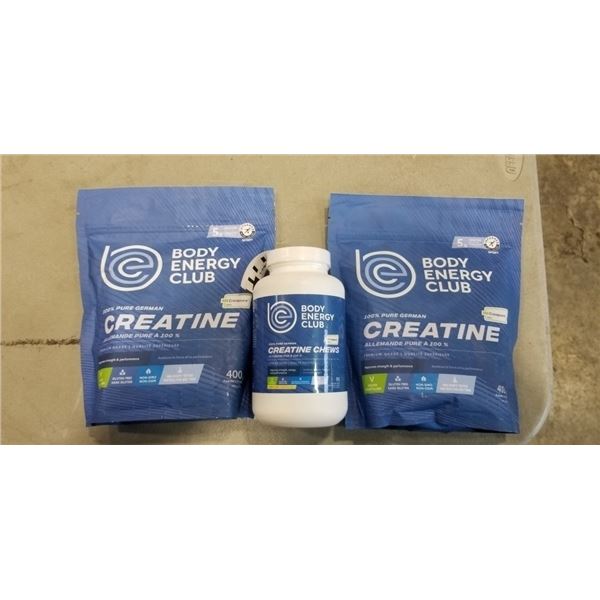 LOT OF NEW BODY ENERGY CLUB SUPPLEMENTS CREATINE POWDER AND CREATINE CHEWS