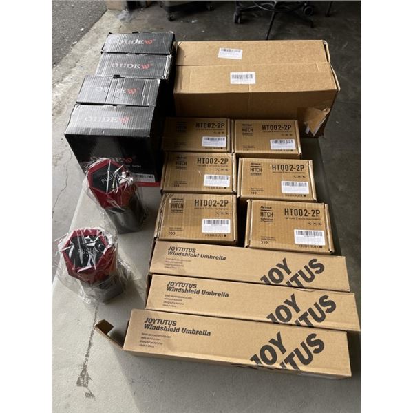 LARGE LOT OF NEW AUTOMOTIVE ITEMS INCLDUING ANTI RADDLE HITCH ACCESSORIES, VEHICLE TRASH CANS, POWER