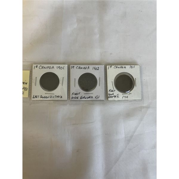 3 CANADIAN LARGE CENTS 1901, 1902, 1911