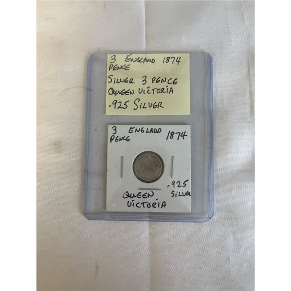 1874 ENGLISH 3 PENCE, .925 SILVER
