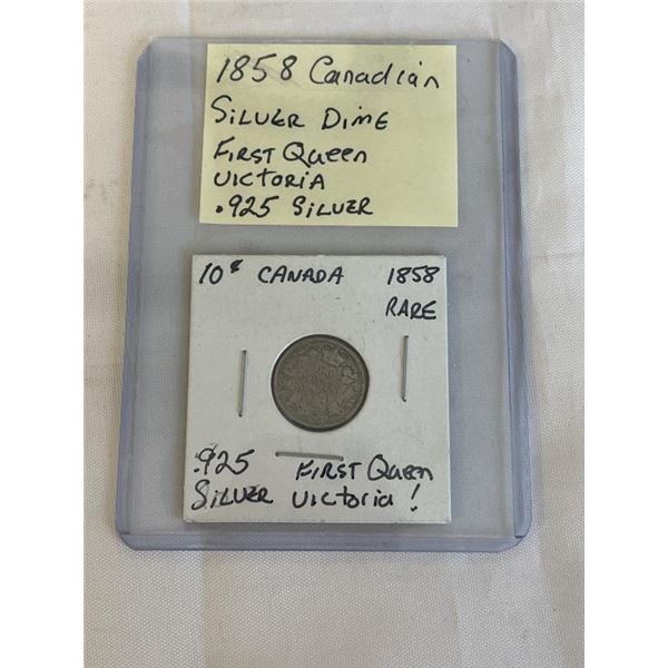 1858 CANADIAN SILVER DIME, FIRST QUEEN VICTORIA .925 SILVER