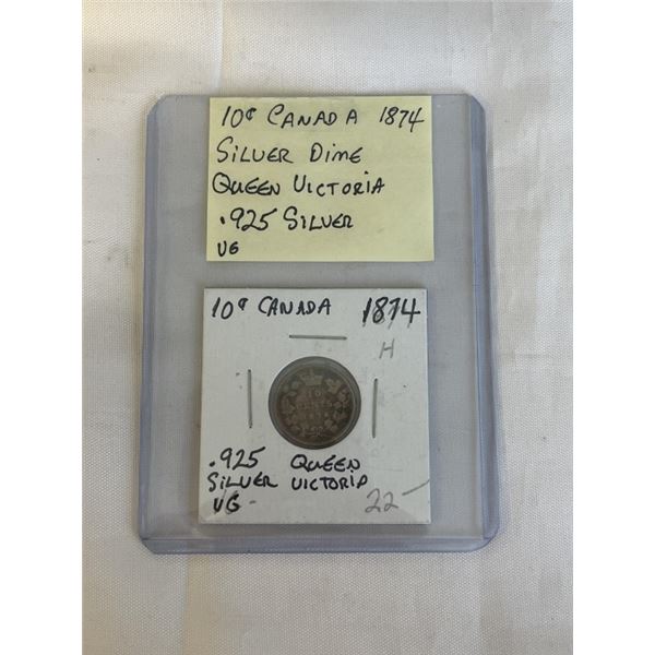 1874 CANADIAN SILVER DIME QUEEN VICTORIA .925 SILVER