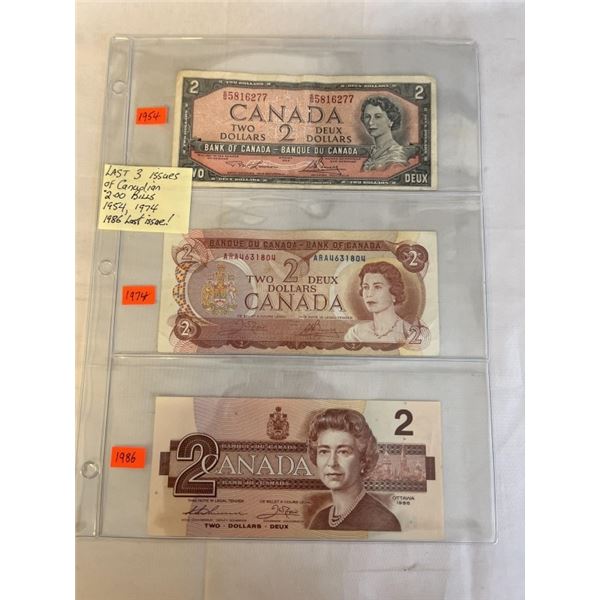 LAST 3 ISSUES OF CANADIAN $2 BILL 1954, 1974, 1986 LAST ISSUE