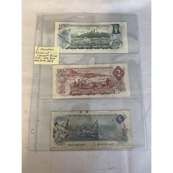3 CANADIAN SCENES OF CANADA BILLS $1 1973, $2 1974, $5 1979