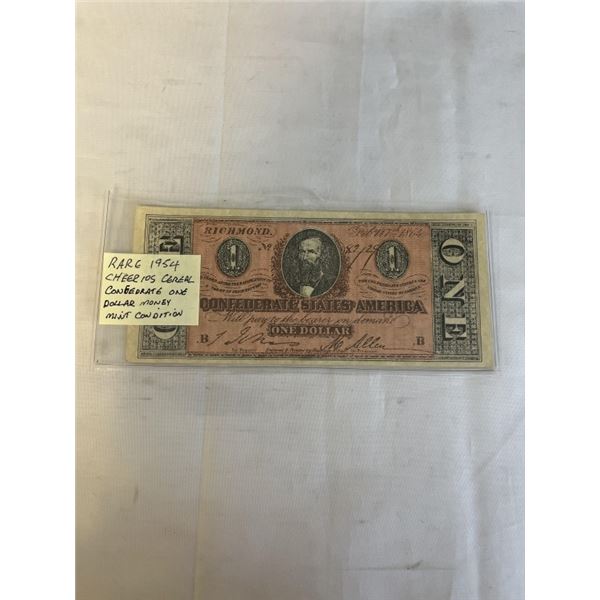 RARE 1954 CHEERIOS CEREAL CONFEDERATE ONE DOLLAR BILL, MINT CONDITION