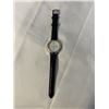 Image 2 : NEW GOLD PLATED W/ STAINLESS STEEL BACK QUARTZ WATCH, WORKING, BLACK LEATHER BRACELET
