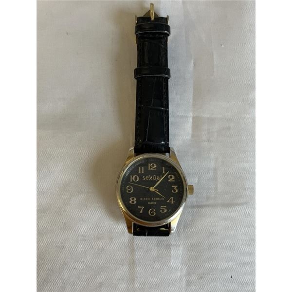 MICHEL GERMAIN QUARTZ WATCH, SEXUAL, STAINLESS STEEL CASE BACK MOVEMENT V377 BATTERY REQUIRED, BLACK