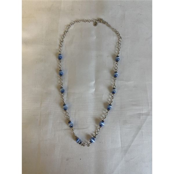 STERLING SILVER W/ BLUE TIGERS EYE BEADS NECKLACE MARKED 925 TH