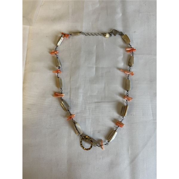 VINTAGE STERLING SILVER W/ MOTHER OF PEARL AND GENUINE PINK CORAL NECKLACE