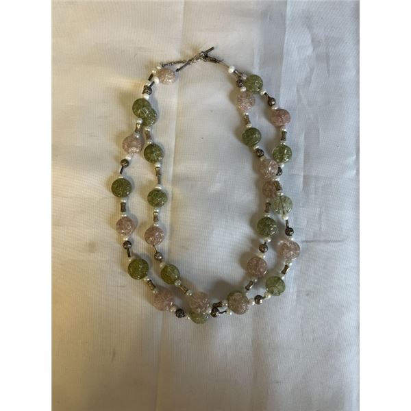 DOUBLE STRAND GLASS BEADS W/ SILVER BEADS AND PEARL SPACERS NECKLACE