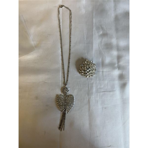 VINTAGE RHINESTONES BUTTERFLY PENDANT W/ CHAIN NECKLACE AND BROOCH