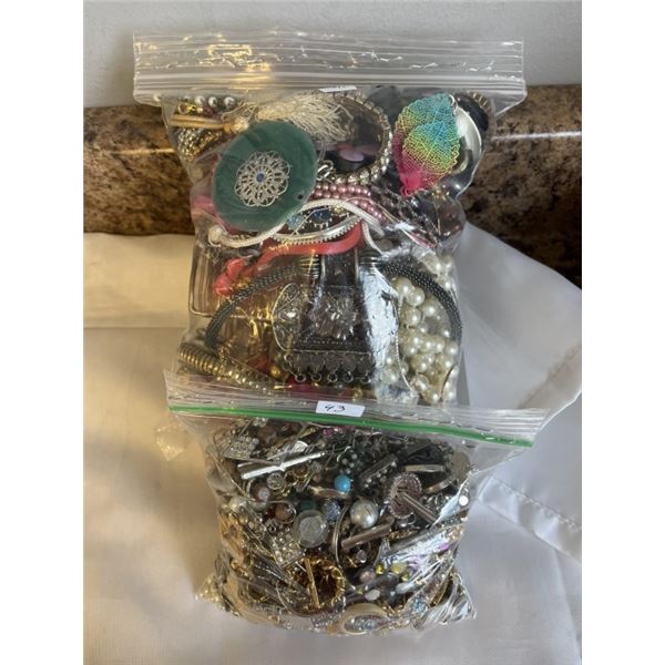 2 BAGS W/ MISC COSTUME JEWELRY, BEADS AND PARTS