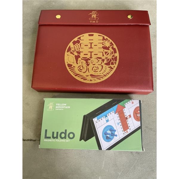 AS NEW YELLOW MOUNTAIN GAMES CASED CHINESE MAHJONG SET AND LUDO BOARD GAMES