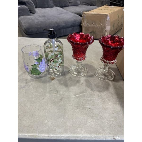 SET OF 4 GLASS GOBLETS W/ HEART SHAPE, HAND PAINTED STEMLESS WINE GLASSES AND SOAP/ LOTION DISPENSER