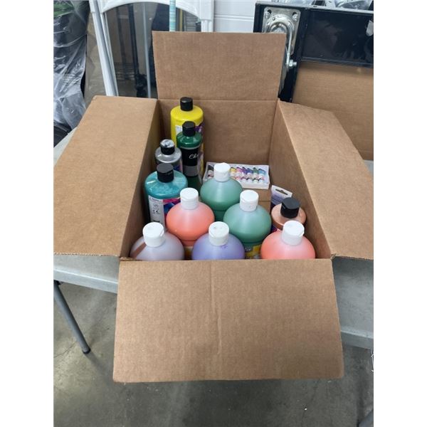 BOX OF WASHABLE TEMPERA PAINT AND CRAFT ACRYLIC PAINT