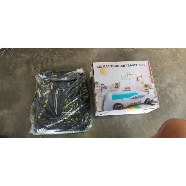 NEW INFLATABLE TODDLER RACE CAR AIR MATTRESS WITH ELECTRIC PUMP, AND NEW BACKPACK