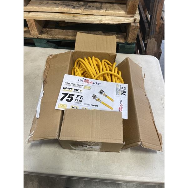 AS NEW 75FT YELLOW  INDOOR OUTDOOR HEAVY DUTY LIGHTED 3 WIRE GROUNDED EXTENSION CORD 14AWG