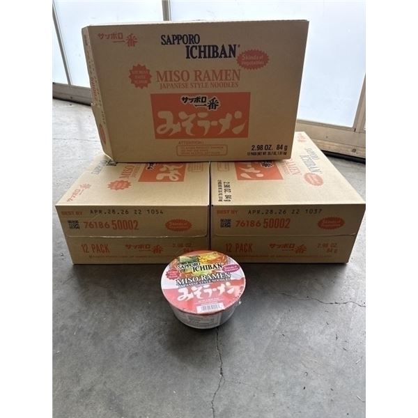 3 NEW CASES OF SAPPORO ICHIBAN MISO RAMEN JAPANESE STYLE NOODLE BOWLS, 12 PER BOX, 36 TOTAL BB. APRI