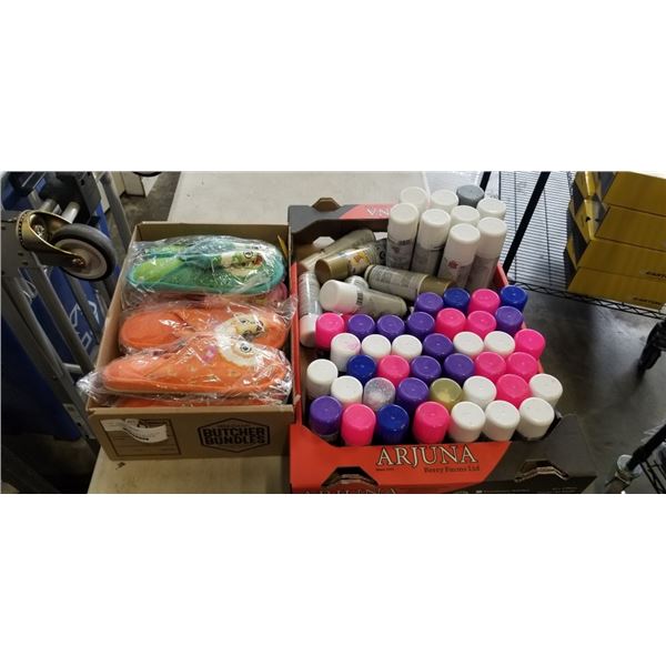 ASSORTED HAIR COLOR SPRAYS AND BOX OF NEW SLIPPERS