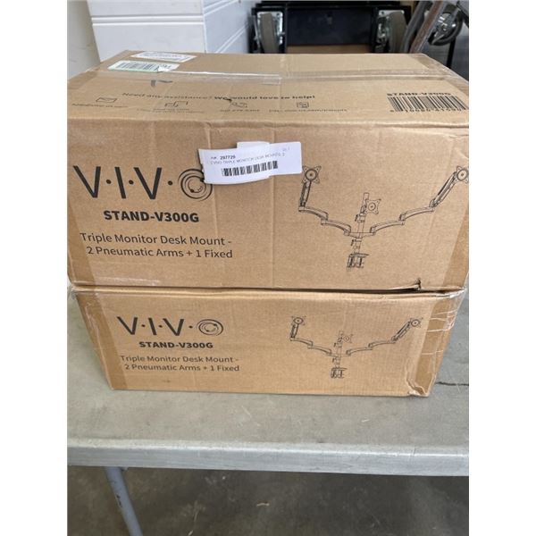 2 VIVO TRIPLE MONITOR DESK MOUNTS, 2 PNEUMATIC ARMS AND ONE FIXED