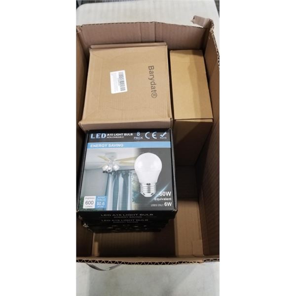 LARGE LOT OF NEW E26 AND A15 LED LIGHT BULBS AND 4 NEW 8PC PACKS OF FIRE EXTINGUISHER SIGNS