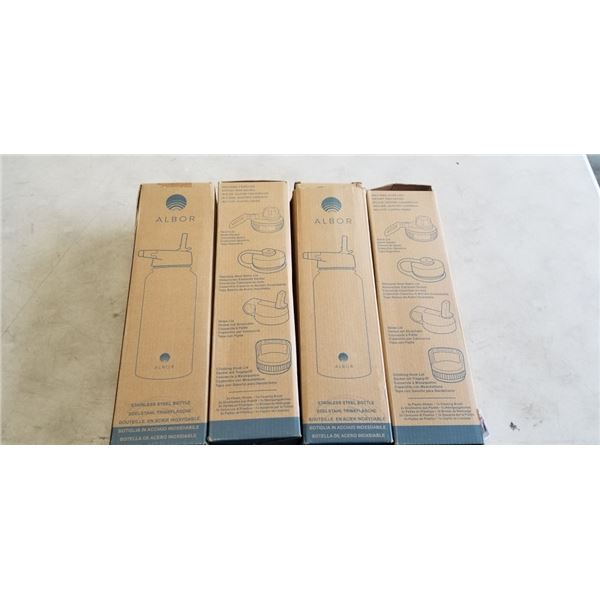 4 NEW ALBOR 32 OZ STAINLESS STEEL WATER BOTTLES, EACH HAS 4 DIFFERANT INTERCHANGEABLE LIDS AND CLEAN