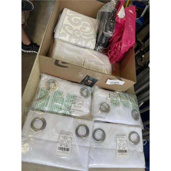 ASSORTED NEW AMAZON CURTIAN PANELS, PATIO CUSHION COVERS, AND BATH MATT