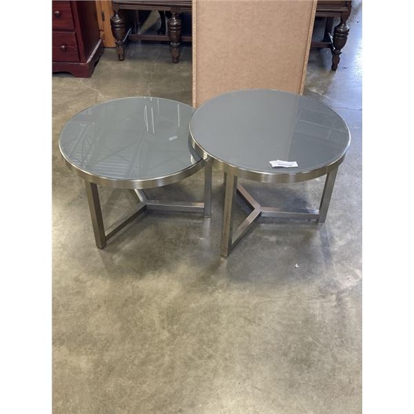PAIR OF MODERN NESTING ROUND GLASS TOP ENDTABLES