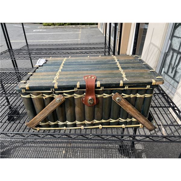 RATTAN PICNIC BASKET AND VINTAGE PICNIC WARE