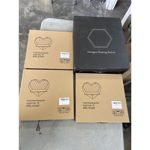 NEW HEXAGON FLOATING SHELF SET OF 5 AND 3 NEW HEART SHAPED WALL SHELVES
