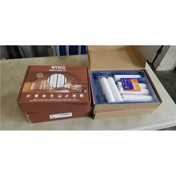 2 NEW HARDWOOD FLOOR REPAIR KITS AND 2 NEW FOAM 6 INCH ROLLER PAINT KITS