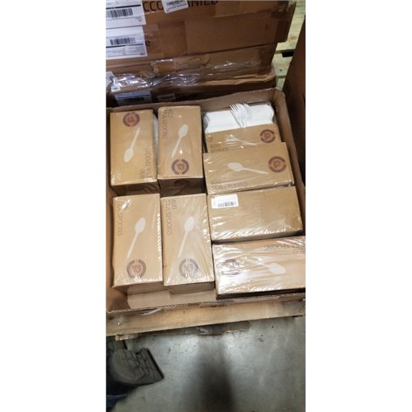 LARGE LOT OF NEW PLASTIC DISPOSABLE TE\A SPOONS AND ONE PACK OF FORKS, EACH PACK IS 400 QTY