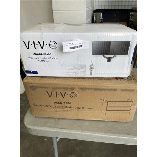 VIVO PNEUMATIC ARM DUAL MONITOR WALL MOUNT AND VIVO BLACK PULL OUT 3 LEVEL UNDER DESK DRAWER