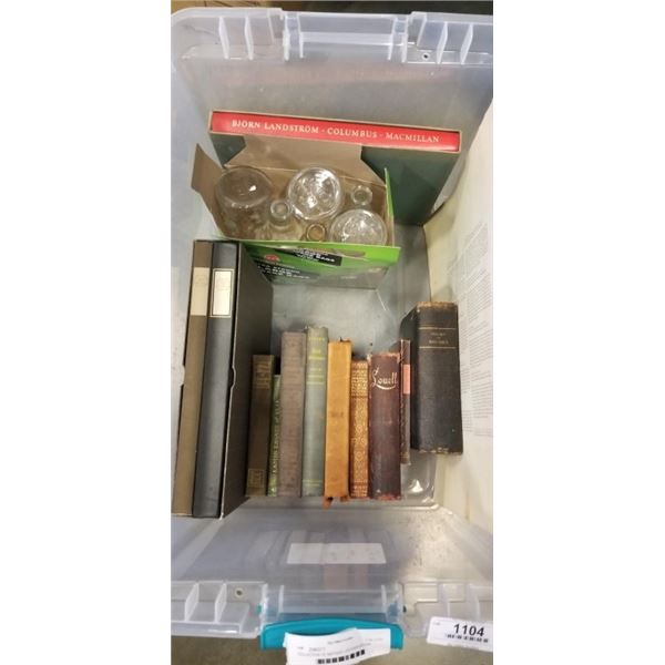 COLLECTION OF ANTIQUE LEATHER BOUND BOOKS INCLUDING COLUMBUS HARD COVER, VINTAGWE COCA COLA BOTTLE, 