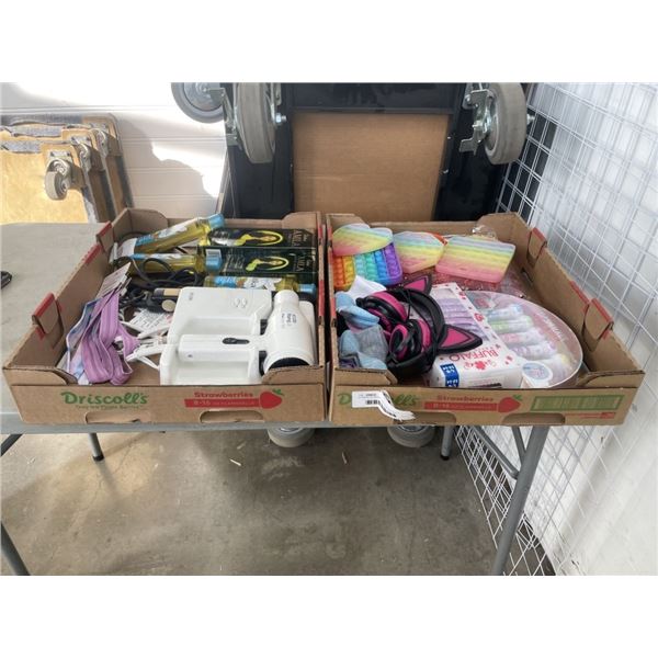 2 TRAYS OF BUEATY SUPPLIES AND GIRL ITEMS  -NEW UNDERWEAR, BUBBLE POPPERS, BLOW DRYER, ETC